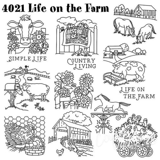 Collection of rustic farm-themed line drawings from Aunt Martha’s quilting designs