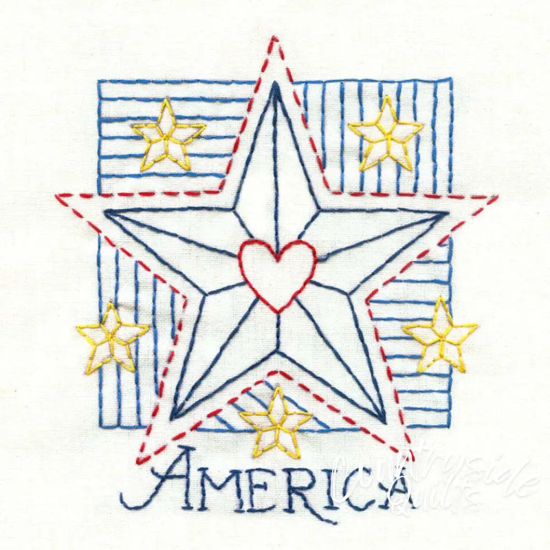 Patriotic star with heart and America text for Aunt Martha’s quilting design