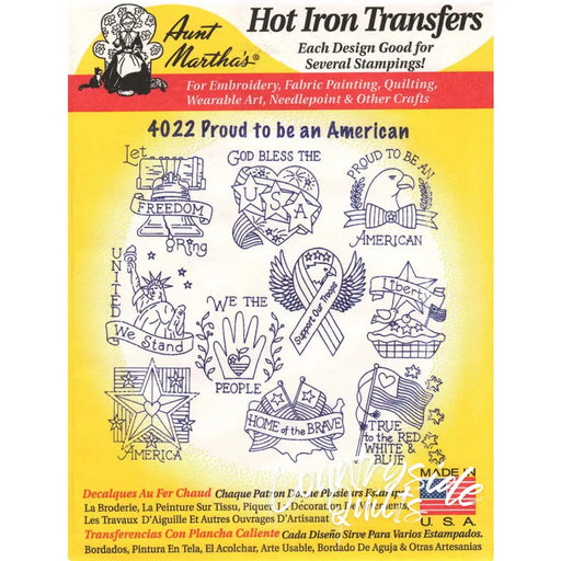 Hot iron transfer pattern sheet with patriotic designs by Aunt Martha’s for quilting projects