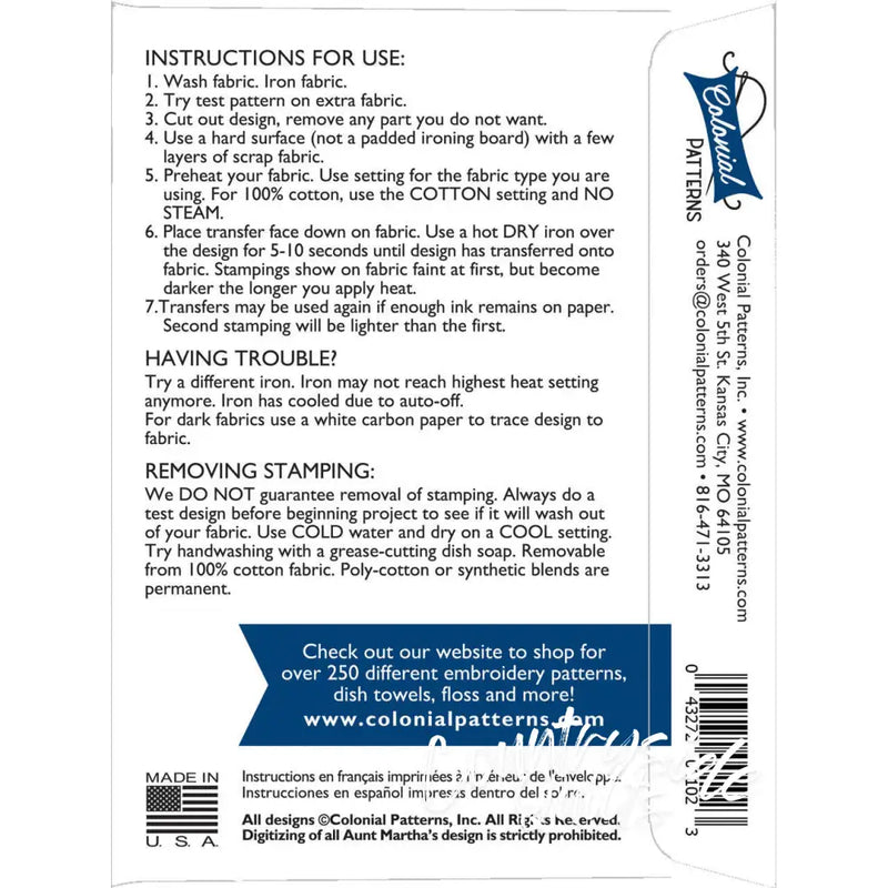 Instructions for using iron-on fabric transfers in Aunt Martha’s #4023 Life’s A Beach