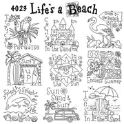 Beach-themed line drawings of palm trees and surfboards from Aunt Martha’s #4023 collection