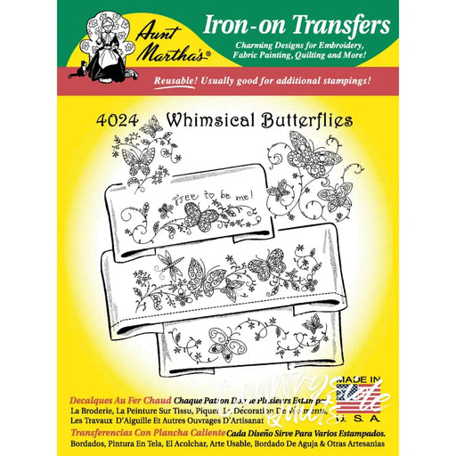 Iron-on transfer pattern of Aunt Martha’s whimsical butterflies and floral designs