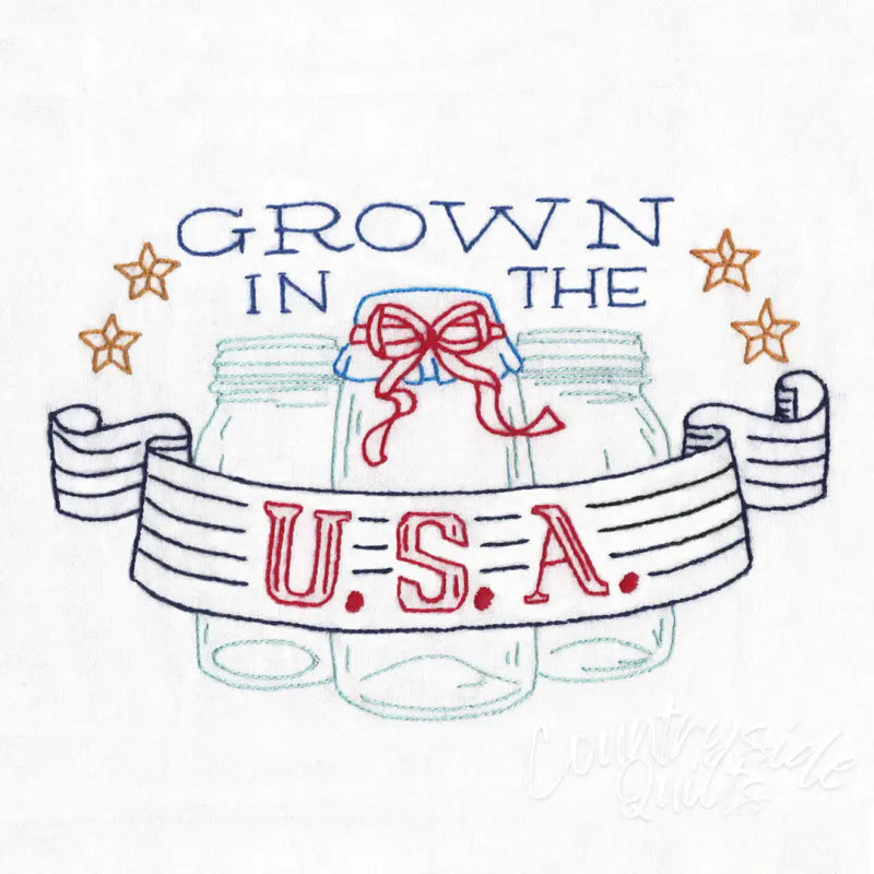Hand-drawn illustration of Aunt Martha’s Well Preserved mason jars with patriotic banner