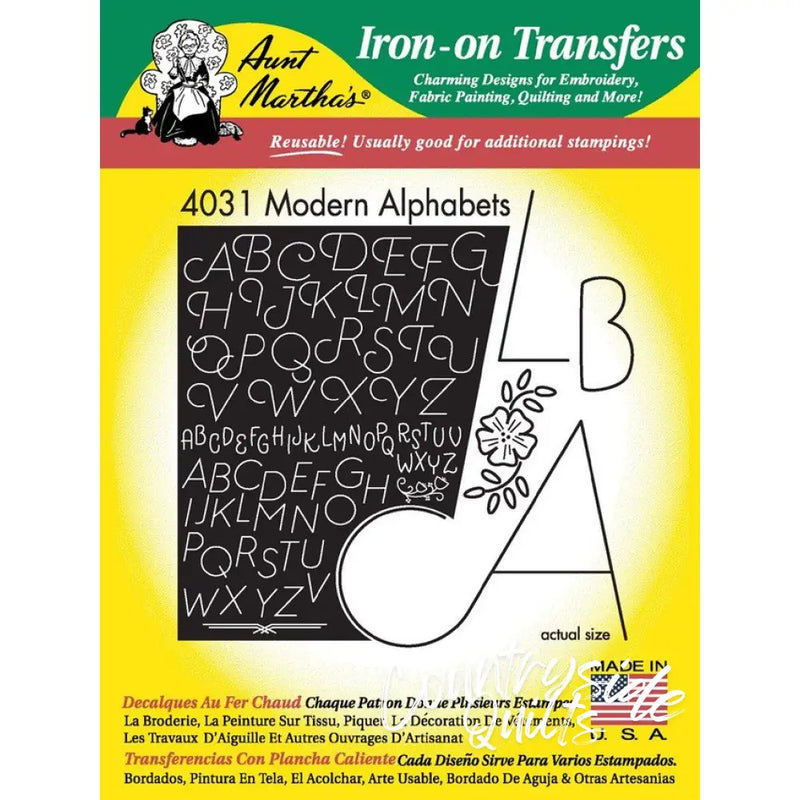 Aunt Marthas modern alphabet iron-on transfers for countryside quilts crafts