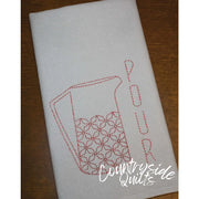 White tea towel with red pitcher design showcasing Sashiko Japanese embroidery by Aunt Martha’s