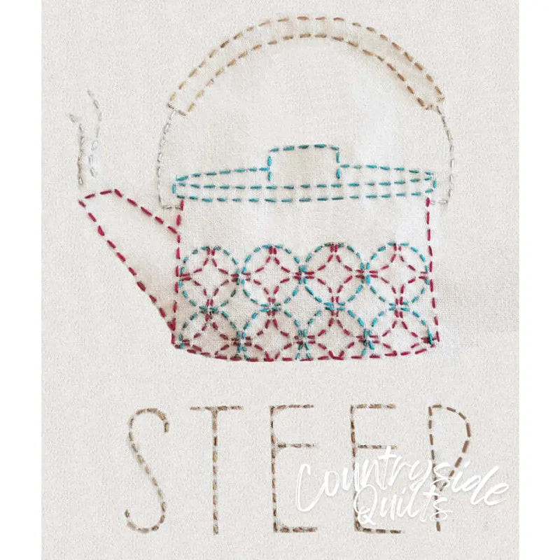 Hand-embroidered teapot design with geometric pattern in Aunt Martha’s Sashiko Japanese Embroidery