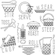 Collection of Aunt Martha’s Sashiko Japanese Embroidery kitchen patterns featuring utensils