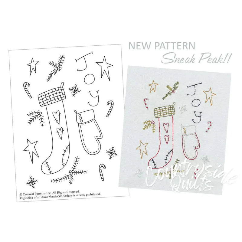 Christmas stocking and mitten embroidery pattern from Aunt Martha’s Primitive Christmas