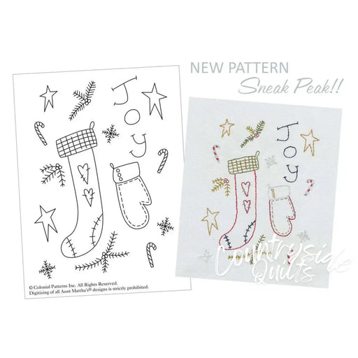 Christmas stocking and mitten embroidery pattern from Aunt Martha’s Primitive Christmas