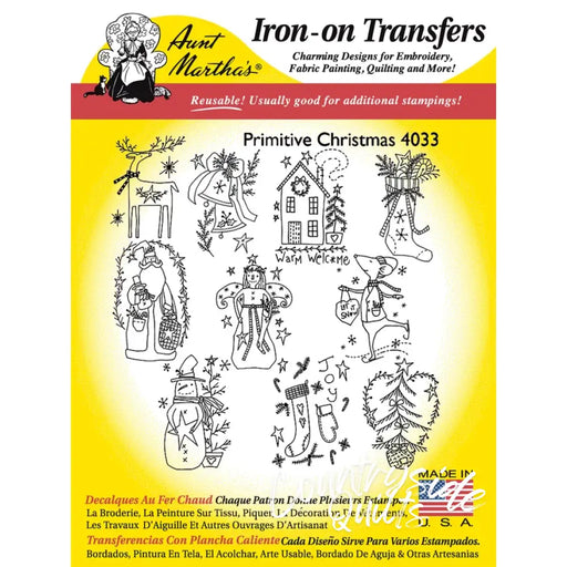 Iron-on transfer sheet showcasing Aunt Martha’s Primitive Christmas designs and patterns