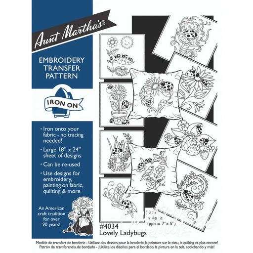 Aunt Martha’s Lovely Ladybugs embroidery transfer pattern showcasing vibrant designs