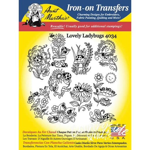 Iron-on transfer sheet with lovely ladybugs and flowers from Aunt Martha’s collection