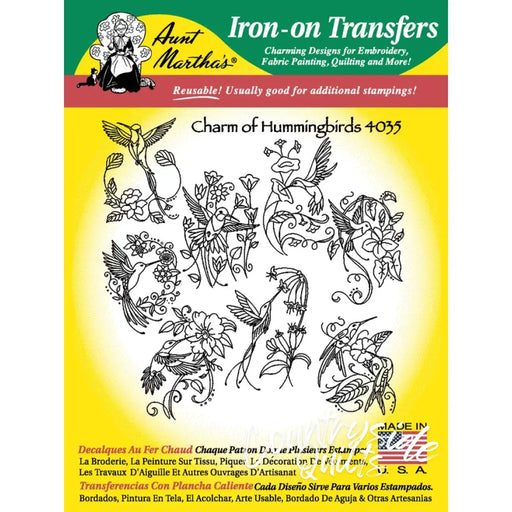 Iron-on transfer sheet of Aunt Martha’s Charm of Hummingbirds for countryside quilts