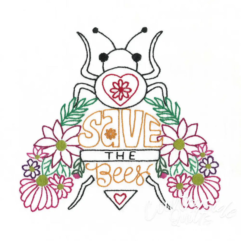 Hand-drawn illustration of a bee with flowers and Save the Bees text on Aunt Martha’s Buzzing Bees embroidery transfer pattern