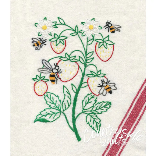 Embroidered Strawberry Plant with Bees and Daisies from Aunt Martha’s Buzzing Bees Pattern
