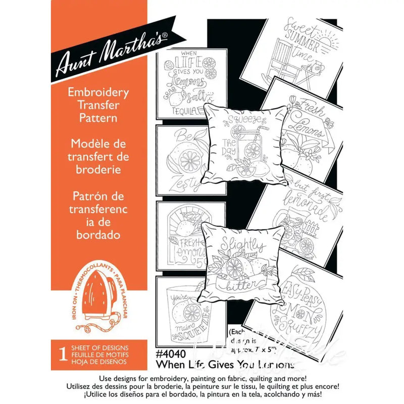 Aunt Martha’s Embroidery Transfer Pattern featuring When Life Gives You Lemons designs