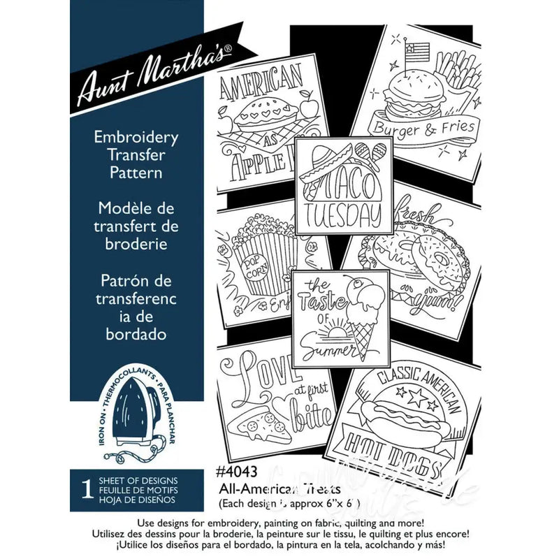 Embroidery transfer pattern set for Aunt Martha’s All-American Treats food designs