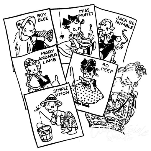 Vintage nursery rhyme character illustrations collage for Aunt Martha’s Nursery Rhymes Crib Spread