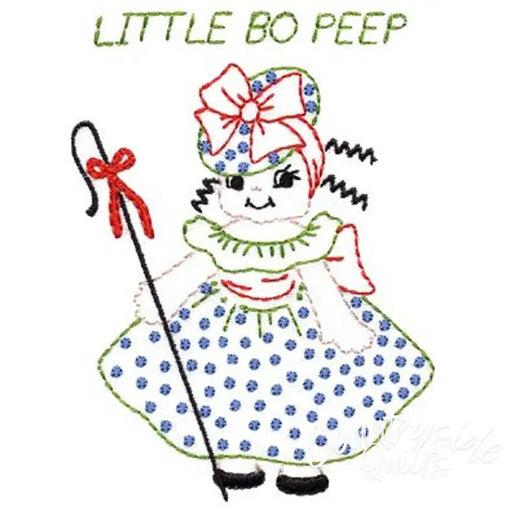 Hand-embroidered Little Bo Peep in polka dot dress for Aunt Martha’s nursery rhymes crib spread