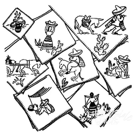 Aunt Martha’s #9475 Down Mexico Way features Mexican-themed line drawings in diamond panels