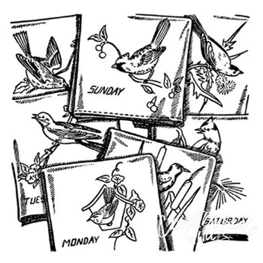Black and white sketch of calendar pages with birds for Aunt Martha’s countryside quilts