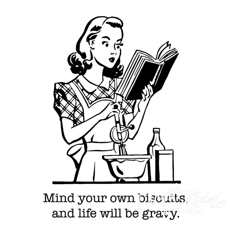 Retro illustration of cooking from Aunt Martha’s Dirty Laundry with humorous biscuits and gravy text