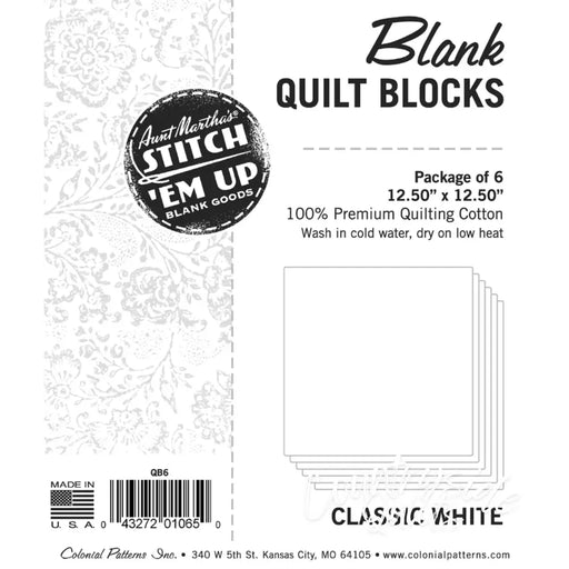 Package of six Aunt Martha’s precut blank quilt blocks with classic white design
