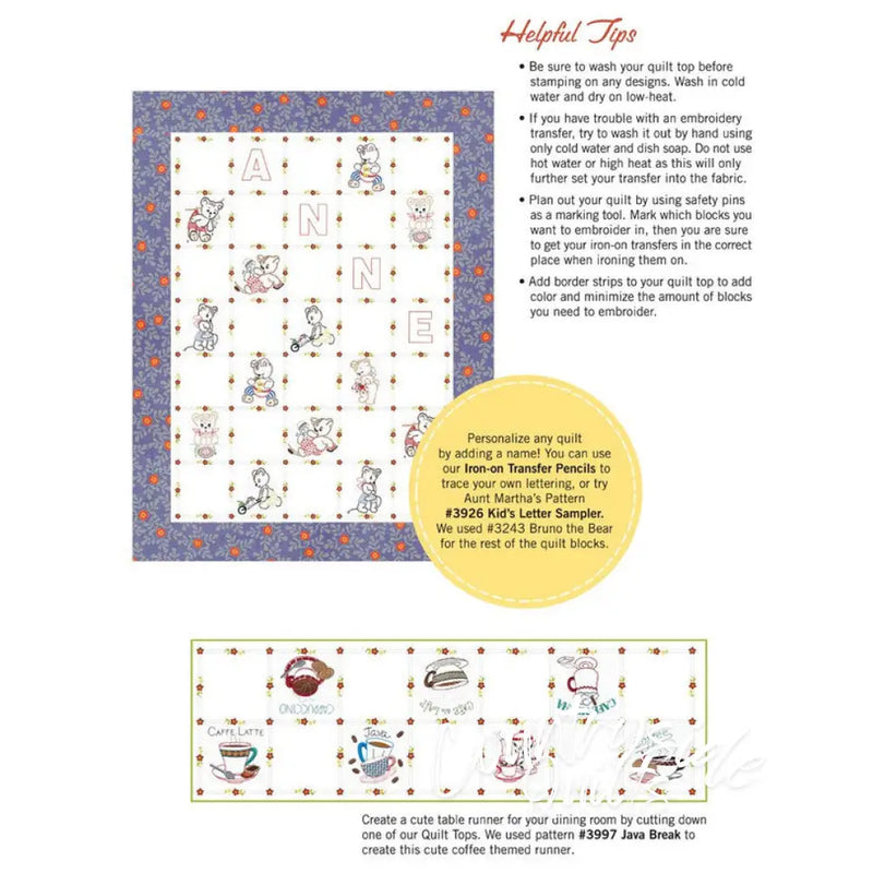 Sewing pattern layout guide with tips for Aunt Martha’s Quilting Fabric Multi Stripe Print