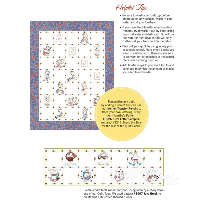 Quilt pattern of playful teddy bears with decorative border in Aunt Martha’s Quilting fabric