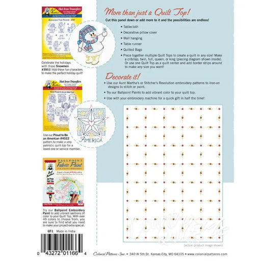 Back cover of Aunt Martha’s Quilting book showcasing designs and Retro Flower Print