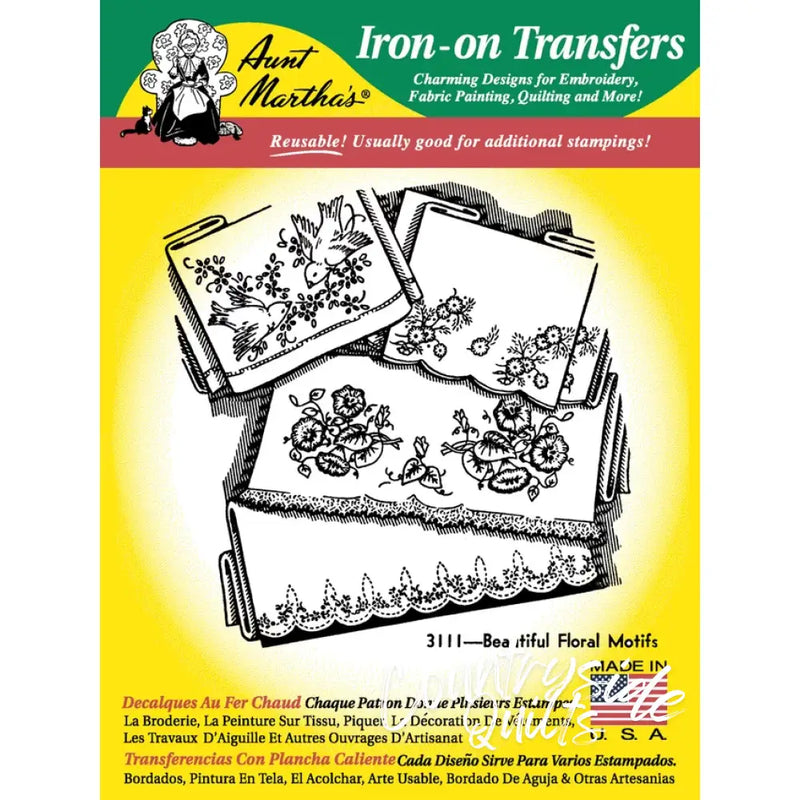 Vintage iron-on transfer pattern featuring beautiful floral motifs and decorative borders by Aunt Martha’s®