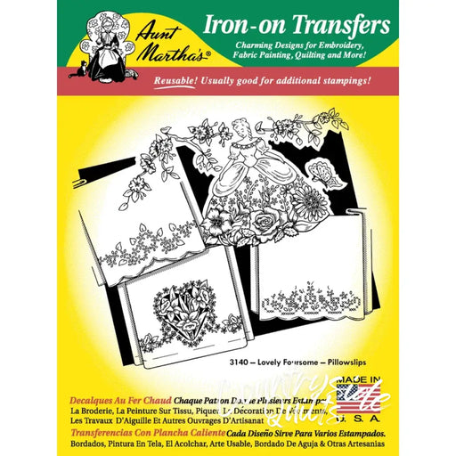 Iron-on transfer pattern sheet with floral designs for Aunt Martha’s® lovely foursome pillowcases and countryside quilts