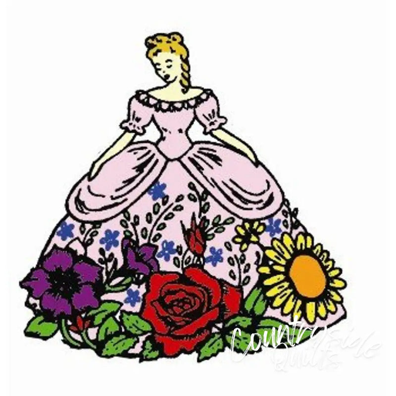 Princess in pink ball gown with colorful floral hem, perfect for Aunt Martha’s® lovely foursome pillowcases