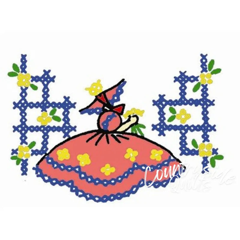 Pink dress with yellow flowers and blue beaded trim, featuring colonial girl motifs from Aunt Marthas® for countryside quilts