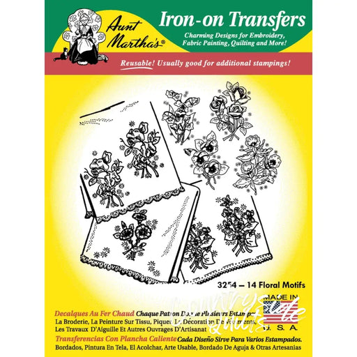 Aunt Martha’s® #3254 14 Floral Motifs iron-on transfer sheet with floral motifs design