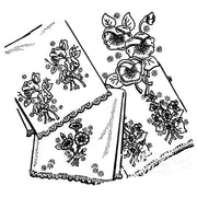 Black and white line drawing of embroidered floral motifs handkerchiefs for Aunt Marthas®