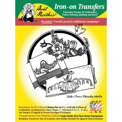 Iron-on transfer pattern from Aunt Martha’s® #3268 featuring three floral pillowcase motifs for countryside quilts