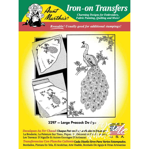 Iron-on transfer pattern featuring Aunt Martha’s® large peacock design with ornate tail