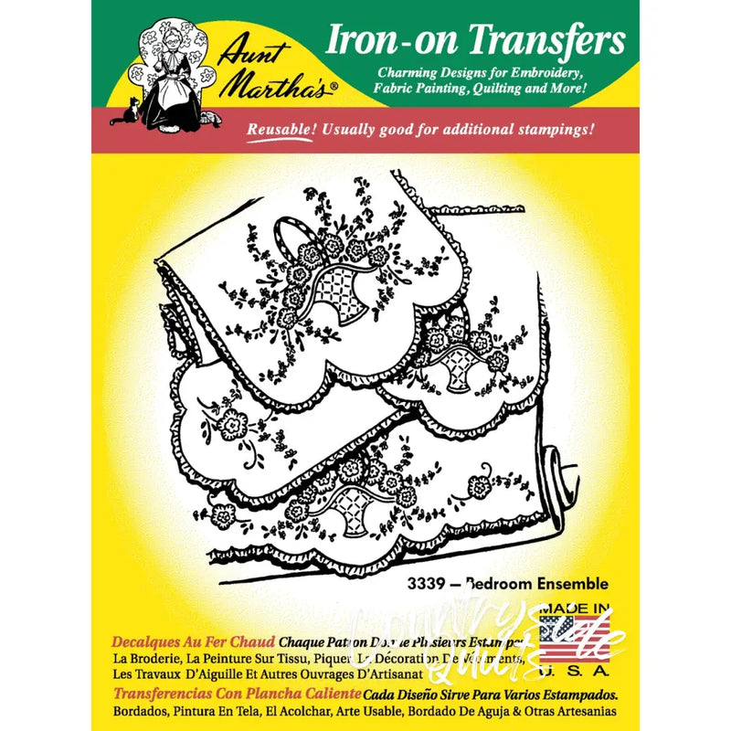 Decorative iron-on transfer pattern with floral scalloped borders for Aunt Marthas Bedroom Ensemble