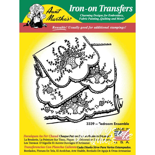 Decorative iron-on transfer pattern with floral scalloped borders for Aunt Marthas Bedroom Ensemble