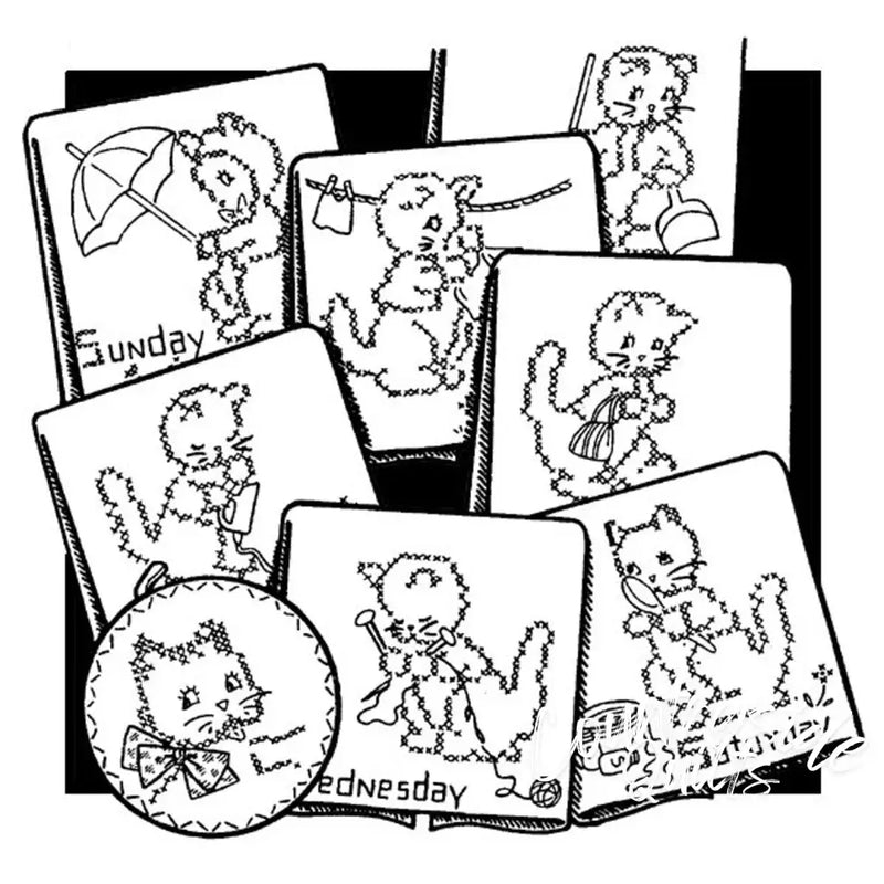 Collection of daily calendar illustrations with a kitten cross stitch featuring Aunt Martha’s® countryside quilts