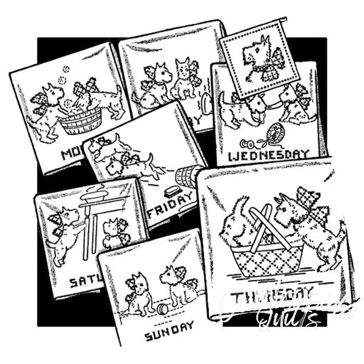 Embroidered days-of-the-week towels from Aunt Marthas Frisky Scotty Designs with countryside quilts