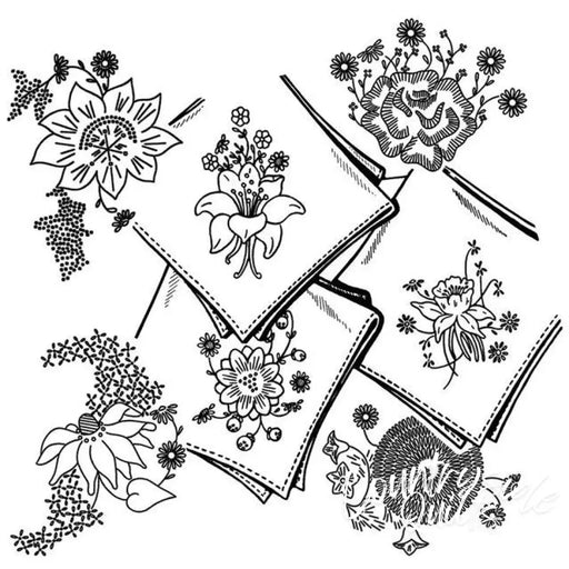 Floral embroidered handkerchiefs from Aunt Martha’s® #3605 Posies for Linens with embroidery transfer