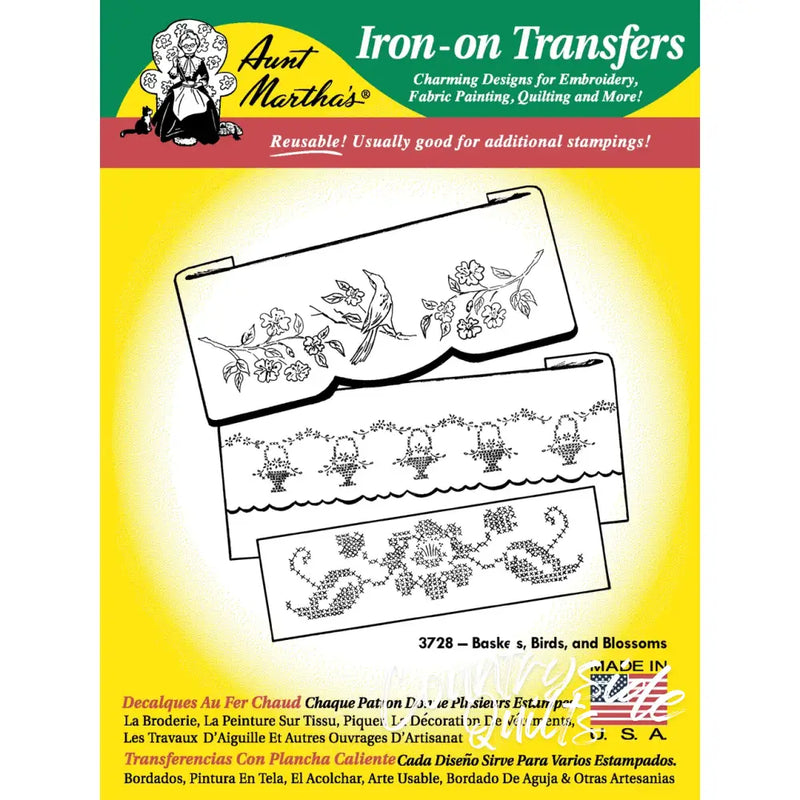 Aunt Marthas® iron-on transfer patterns for quilting featured on Aunt Marthas® #3728 Baskets, Birds, & Flowers