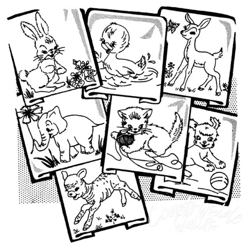Animal-themed embroidery patterns featuring baby animals for Aunt Martha’s® countryside quilts