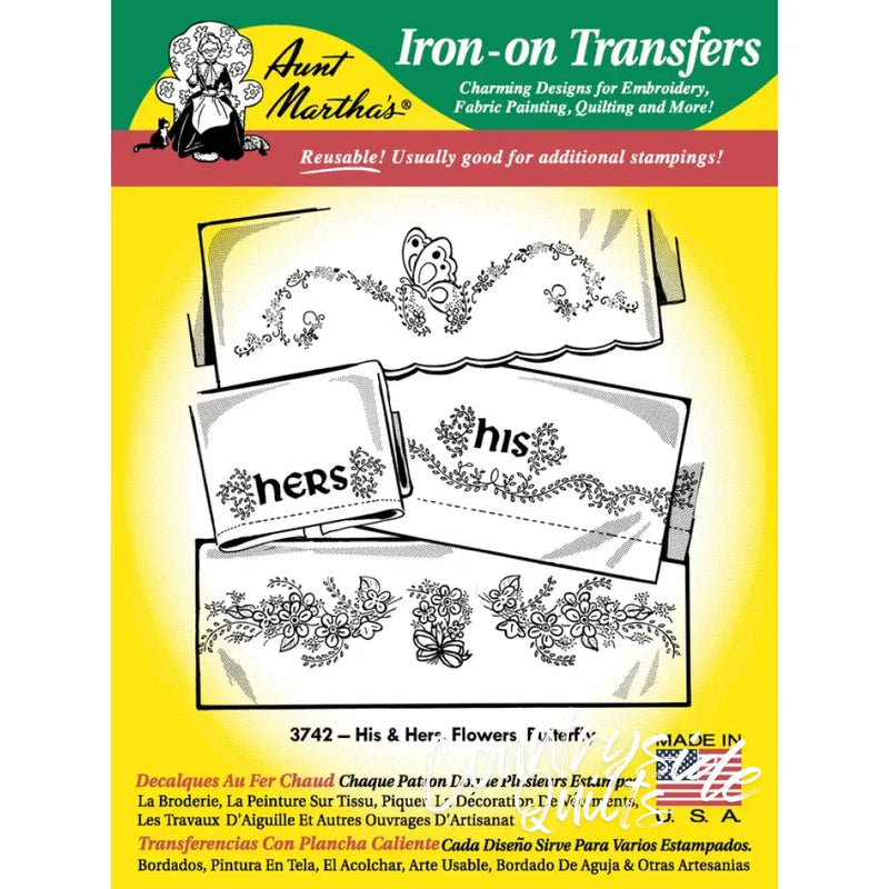 Aunt Martha’s® iron-on transfers featuring flowers and butterfly for countryside quilts