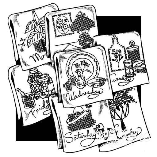 Embroidered day-of-the-week tea towels featuring Aunt Marthas decorator motifs for countryside quilts