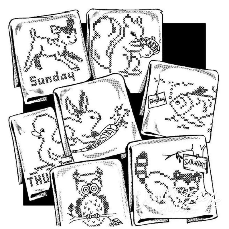 Cross-stitched day-of-the-week animal towels from Aunt Marthas® countryside quilts collection