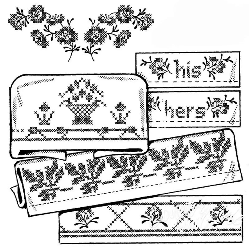 Cross-stitched embroidery patterns from Aunt Marthas® Lovely Borders for Pillow Cases