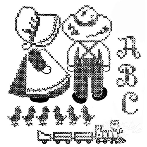 Cross-stitched countryside quilts featuring Sunbonnet Sue and Overall Bill by Aunt Martha’s®